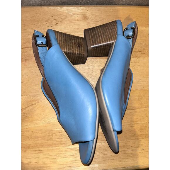 Bueno Clare Tusk Blue Leather Faux Stacked Slingback Sculpted Peep Toe Heels - Picture 5 of 9